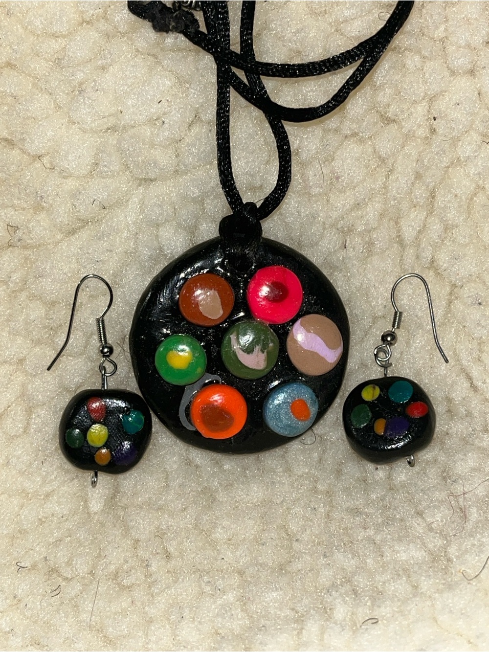 One of a Kind Handmade Black Multicolor Statement Necklace Earrings Set
